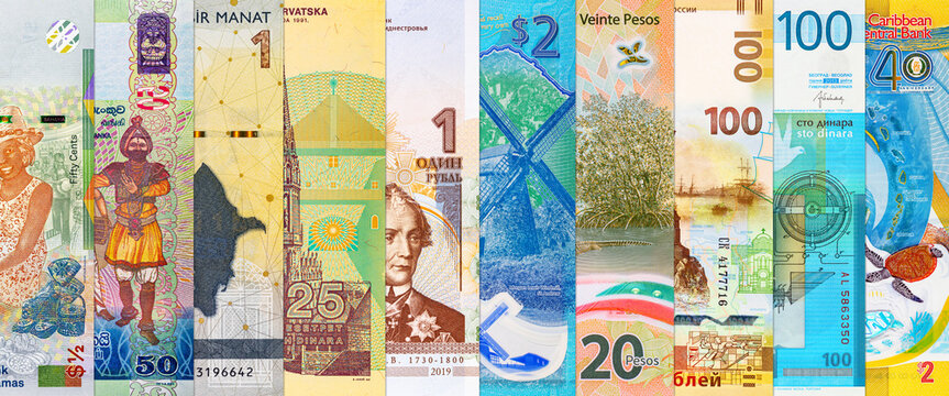 Global Currency Diversity. Vertical Banknotes. Collage featuring vertical strips of various world currencies