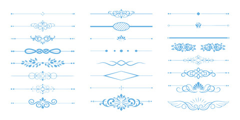 Collection of elegant blue vintage text dividers floral ornamental borders and decorative line elements vector illustration. © Artful