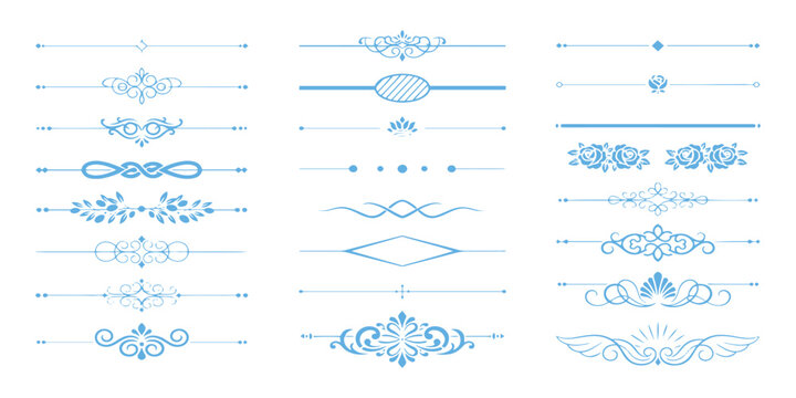 Collection of elegant blue vintage text dividers floral ornamental borders and decorative line elements vector illustration.