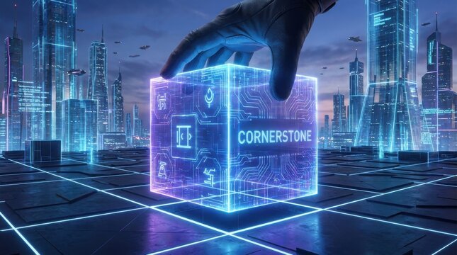 Hand placing glowing digital cornerstone on futuristic cityscape with neon lights and data network