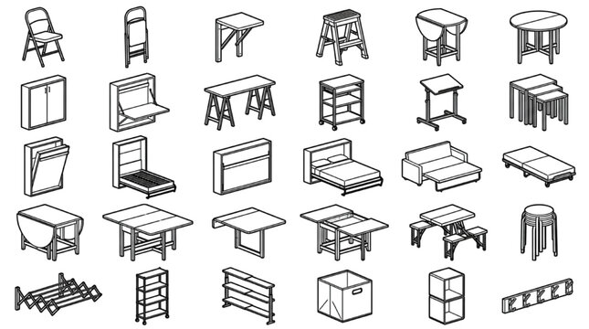 Folding & Space-Saving Furniture Isometric Drawing Set &mdash; Murphy Bed, Folding Chair, Table & Storage
