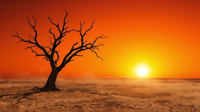 Barren Dead Tree in Arid Desert Landscape Under Intense Sunset