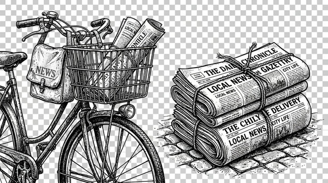 Vintage bicycle with news basket and stacked newspapers on cobblestone street