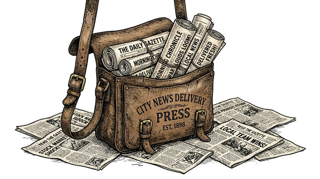 Vintage leather press bag filled with rolled newspapers city news delivery press established 1898