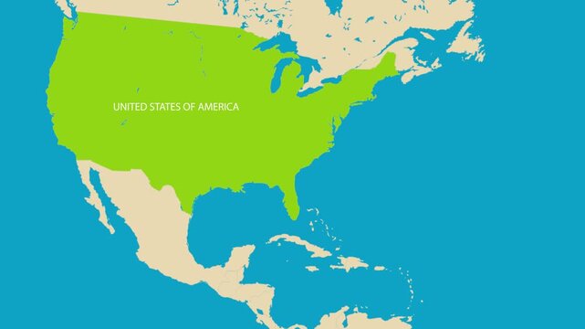 Animated world map zooming into the United States and Miami with airplane travel concept. Tourism, aviation, logistics, travel presentation, and geographic infographic