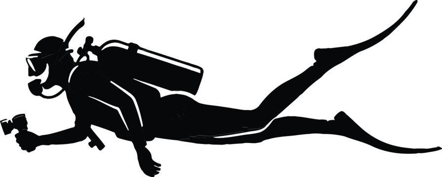 Silhouette of a Scuba Diver with Oxygen Tank and Fins, a common symbol for underwater exploration and aquatic activities