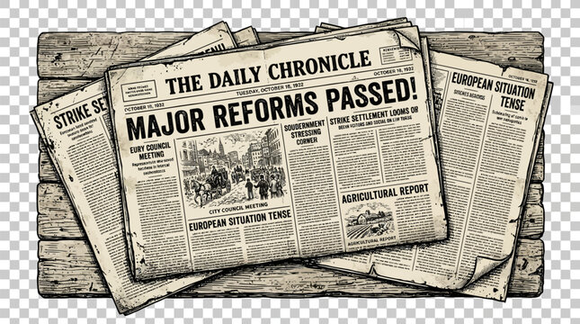 Vintage newspapers with major reforms passed on top headline stacked on wooden planks with grey background
