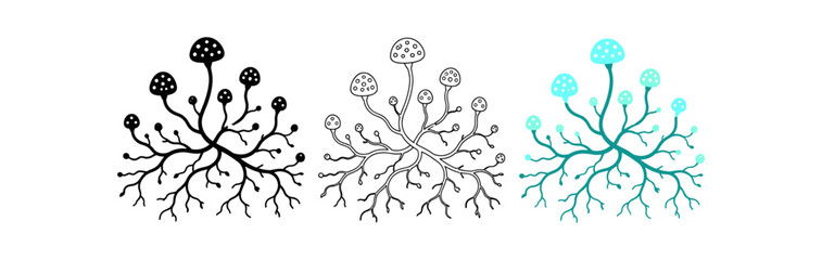 Fototapeta premium Mushroom mycelium cluster icon set. Fungal network, hyphae, spores, branching roots, caps. Line, flat and colored vector icon set.