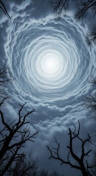Dramatic Cloud Vortex Tunnel with Bright Light and Silhouetted Bare Trees Digital Artwork for Background
