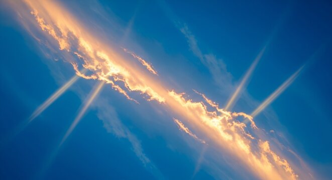 Dramatic Sun Rays Breaking Through Diagonal Clouds in Blue Sky Photo Background for Design and Marketing