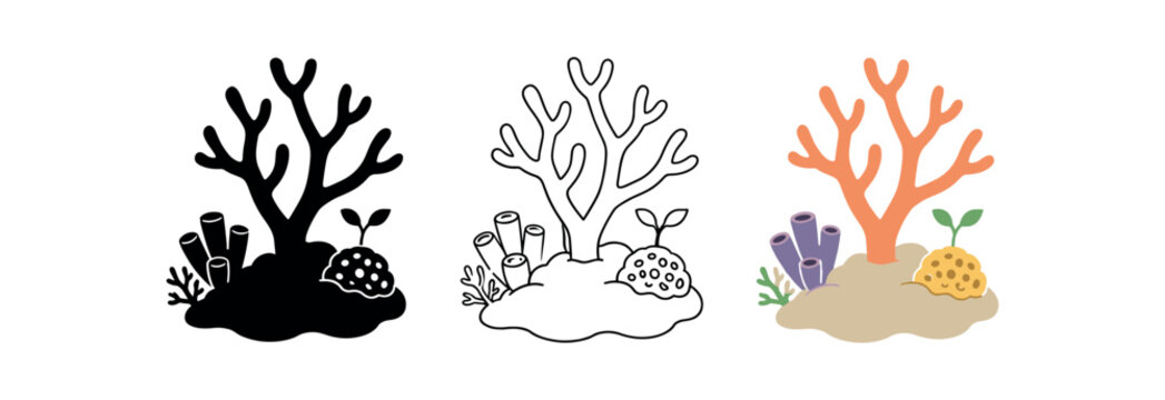 Coral reef icon set. Underwater, marine, sponge, seaweed, sand, ocean plant. Line, flat and colored vector icon set.