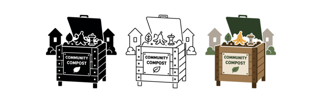 Community compost bin icon set. Wooden composter, food scraps, organic waste, municipal composting, garden recycling, neighborhood program, eco management. Line, flat and colored vector icon set.