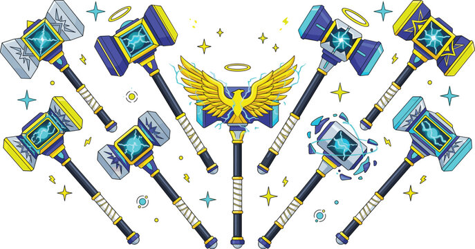 Fantasy Divine Lightning Hammer Icon Set Featuring Holy Thunder Maces, Golden Eagle Wings, Blessed Storm War Hammers, and Celestial RPG Game Asset Designs