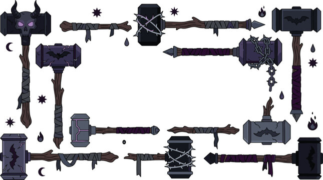 Dark Gothic Vampire Weapon Icon Set Featuring Horned Skull War Hammers, Bat Crest Mallets, Spiked Thorn Clubs, and Unholy Halloween RPG Game Asset Designs