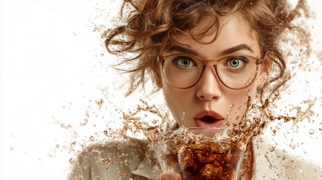 Woman Holding Splashing Glass of Cola for Refreshing Beverage Experience, Excitement, Thirst Quench, and Dynamic Motion