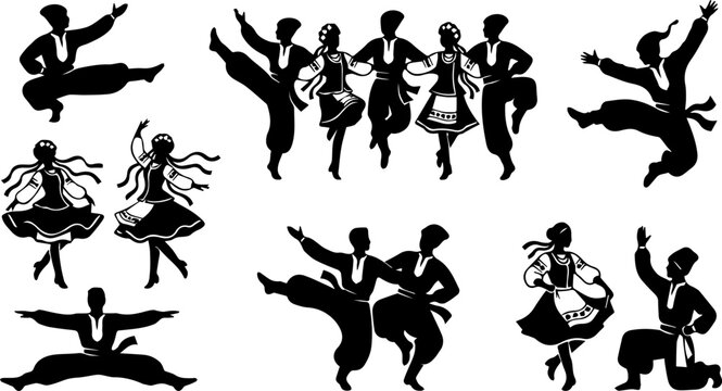 Traditional Folk Dance Silhouette Set &ndash; Group Dance, Cultural Dancers, Festival Performance Icons