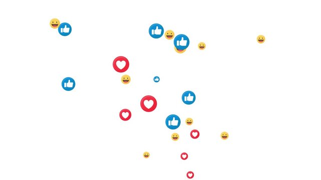 Floating social media reaction icons with like love and emoji symbols on white background for digital engagement animated background content design