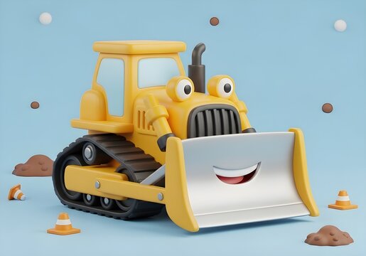 3D yellow bulldozer icon with friendly smiling cartoon face