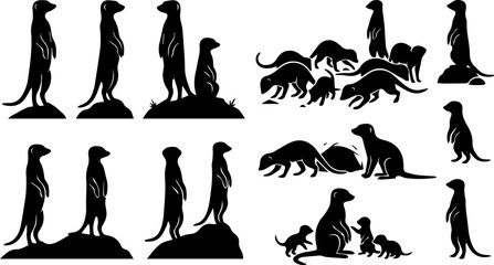 Meerkat and Wild Cat Silhouette Set – Mongoose, Leopard, Cheetah, African Wildlife Black Icons © MinhajulIslam