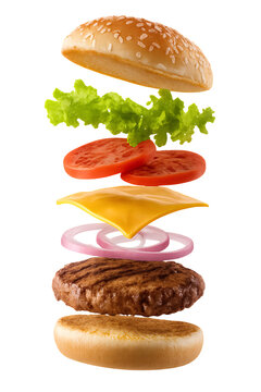Exploded View of Hamburger Ingredients on Black Background