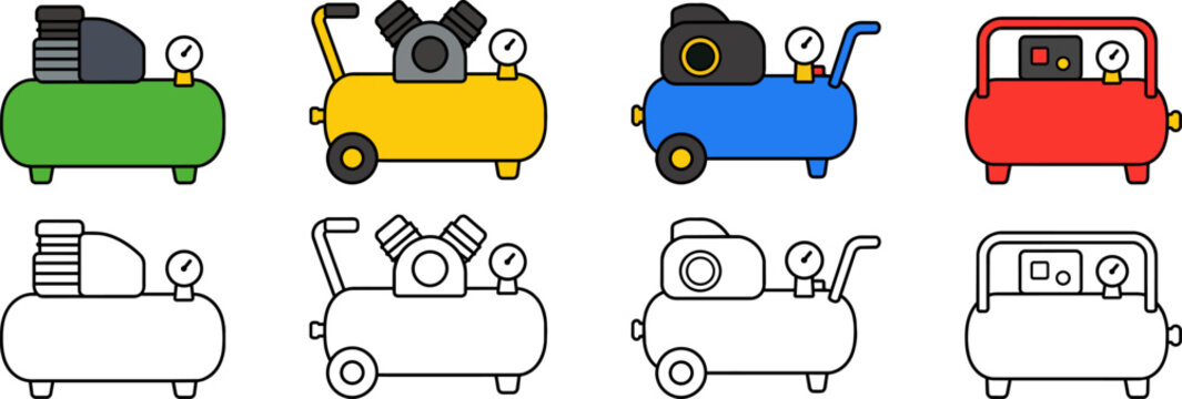 Colorful and black-and-white line art illustrations of various air compressors with gauges and handles.