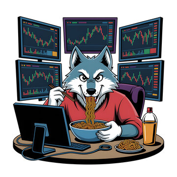 Funny Wolf Trader Eating Instant Ramen Noodles in Front of Multiple Stock Market Candlestick Chart Screens