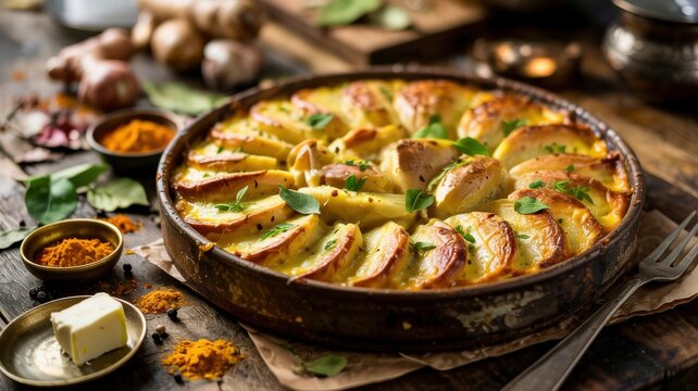 A traditional festive dish of Indian cuisine is the potato casserole Alu Gratin in Indian style (Spiced Potato Gratin / Indian-style Alloo Gratin).
