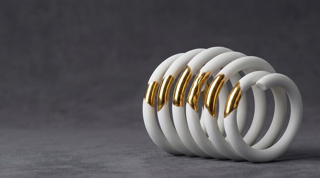 Business resilience and flexibility concept. Minimalist white clay spring coil with premium molten gold accents over a dark grey textured background.
