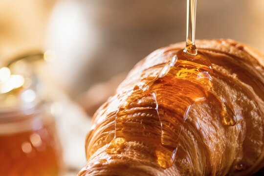 Golden honey dripping over fresh baked croissant macro