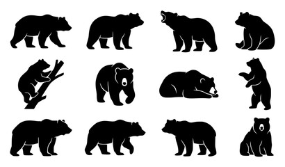 Fototapeta premium Bear Silhouette Set with Black Animal Shapes in Minimal Wildlife Vector Style