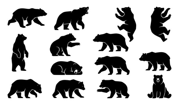 Black Bear Animal Silhouette Icons with Dynamic Wildlife Poses Vector Set