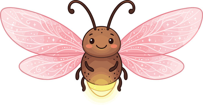 Cute cartoon firefly character vector illustration featuring a happy smiling lightning bug with glowing tail and pink wings isolated on white background.