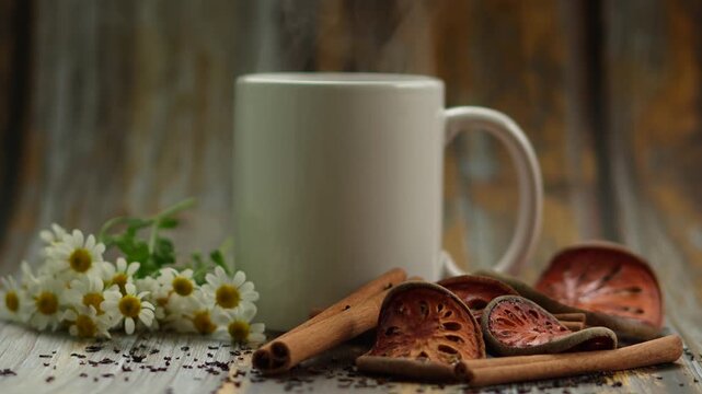 Cozy steaming herbal tea mug with chamomile flowers and cinnamon