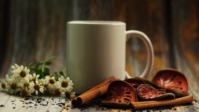 Cozy steaming herbal tea mug with chamomile flowers and cinnamon