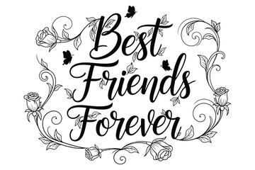 Fototapeta premium Best friends forever calligraphy with floral and butterfly embellishments