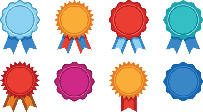 Colorful blank award rosette ribbon badges vector set featuring empty certification medals, premium quality tokens, and achievement stamps isolated on white background