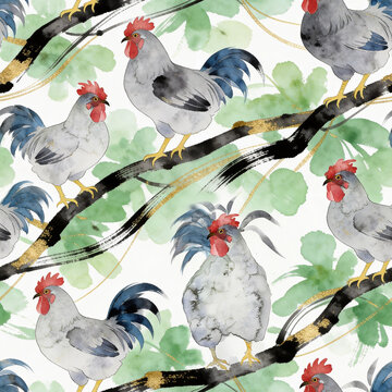 Watercolor Rooster and Hen Seamless Pattern with Green Tropical Leaves