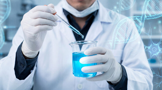 A scientist in a lab coat and gloves using a pipette to conduct genetic research with DNA and neuron overlays