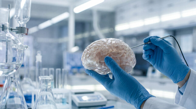 Gloved scientist examines a human brain model in a modern laboratory. Essential for neurology research and medical science studies