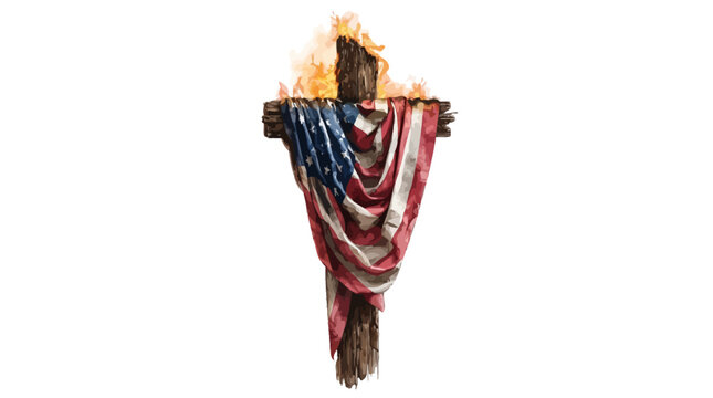 Burning American flag draped over a wooden cross on fire