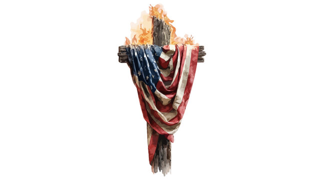 Burning American flag draped over a wooden cross on fire
