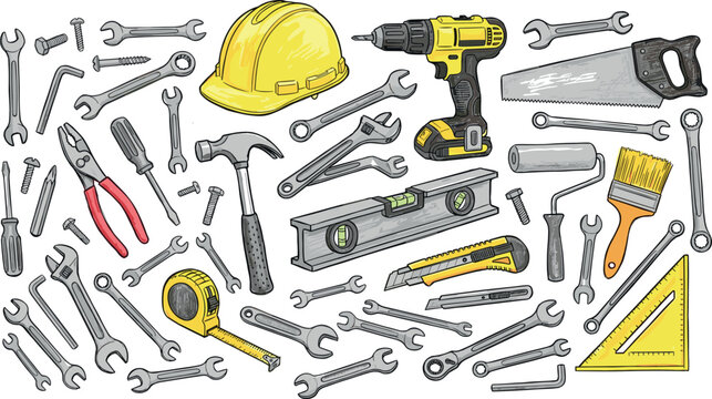 Construction hand tools and power drill vector illustration set with yellow hardware equipment on white background