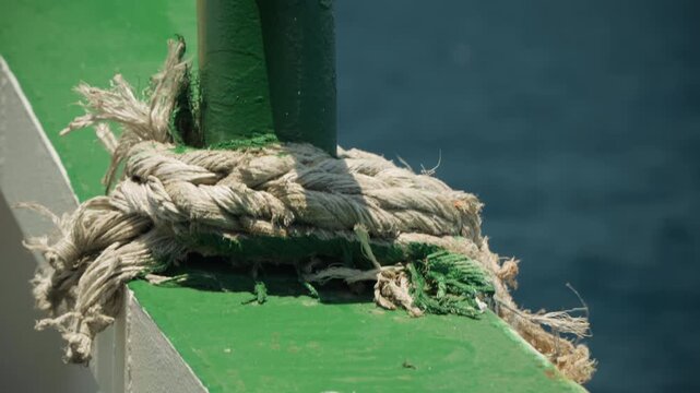 Frayed mooring rope on green railing, sunlit closeup of thick weathered fibers wrapped around stanchion with deep blue sea background, textured paint chips and salt crust, dockside atmosphere ideal