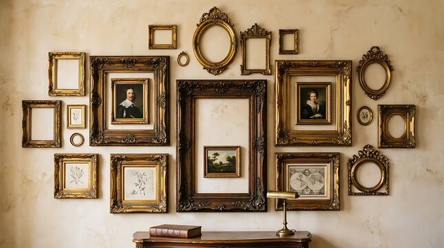 Ornate Antique Picture Frames Gallery Wall Displayed on Textured Wall with Vintage Art