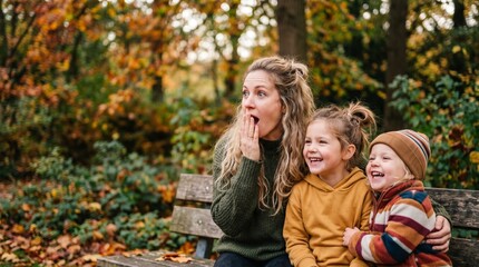 Fototapeta premium Shocked Young Mother Covering Mouth in Surprise While Her Cute Daughters Laugh Cheerfully on a Park Bench in Autumn
