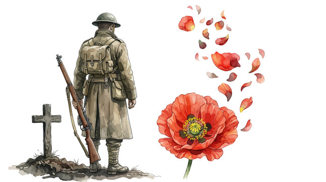 Soldier standing by grave with rifle and poppy flowers