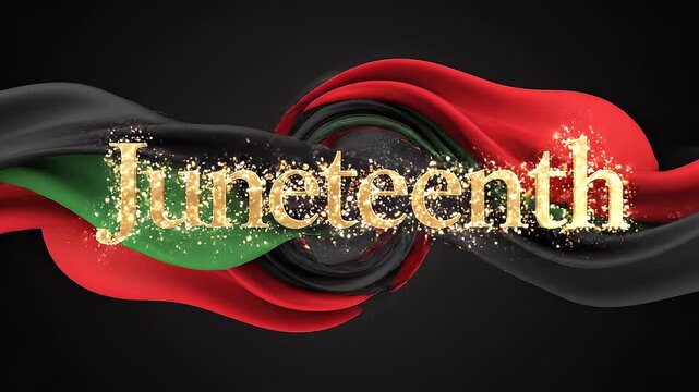 Juneteenth celebration animation with golden text and fluid waves