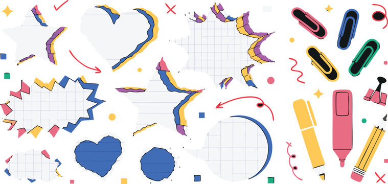Set of cute pixel art speech bubbles and school stationery