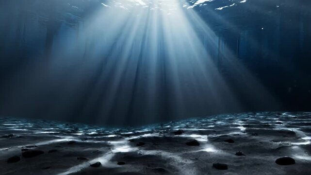 Underwater sunrays penetrate deep blue water, lighting a rocky seabed