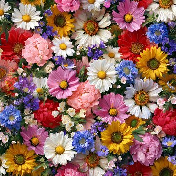 Aesthetic dense flower garden backdrop for summer textile and packaging design 